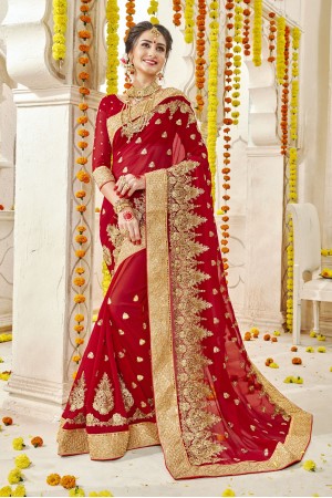 Red Faux  Georgette  Embroidered  Traditional  Saree 5904